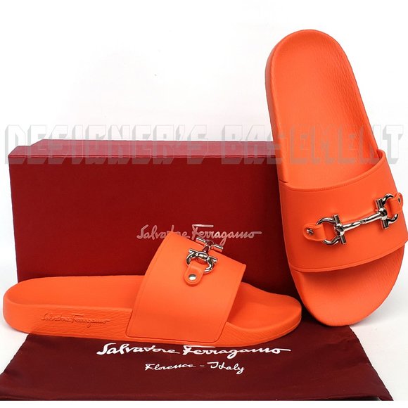 Salvatore Ferragamo Other - SALVATORE FERRAGAMO men 8M orange rubber GROOVE metal HORSEBIT slides shoes NIB